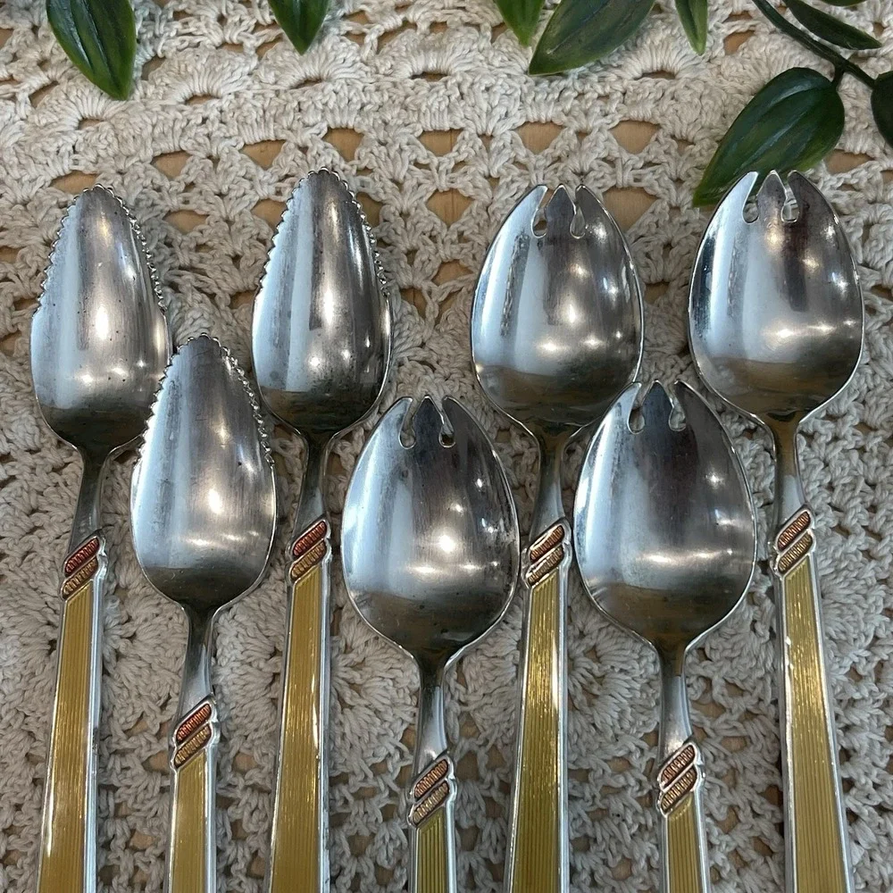Vintage Mid Century Yellow Plastic Inlay Flatware Spoons Dessert Citrus Sporks
